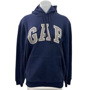 NEW Gap Women's Navy Blue Gray Logo Embroidered Hoodie Hooded Sweatshirt Size S